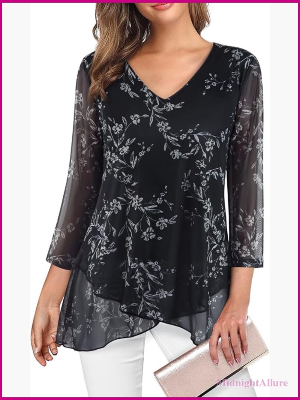 Womens 3/4 Sleeve Tunic Blouse Asymmetric Hem Mesh Top Dressy